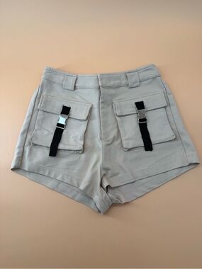12th Tribe Beige‎ Utility Cargo Shorts with Buckle Detail